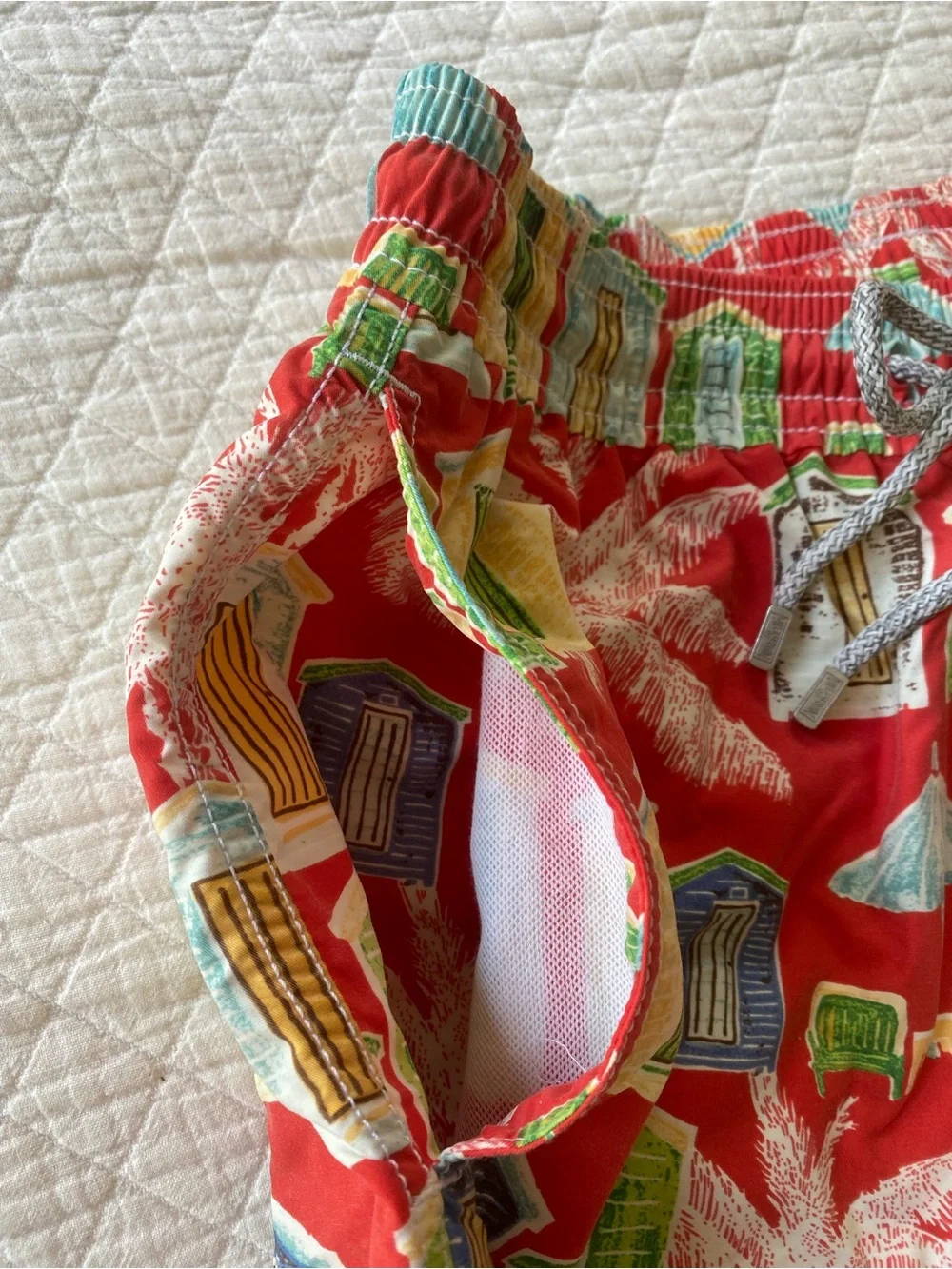Vilebrequin Red Beach Hut Swim Trunks Palm Tree Drawstring Preppy Print Medium